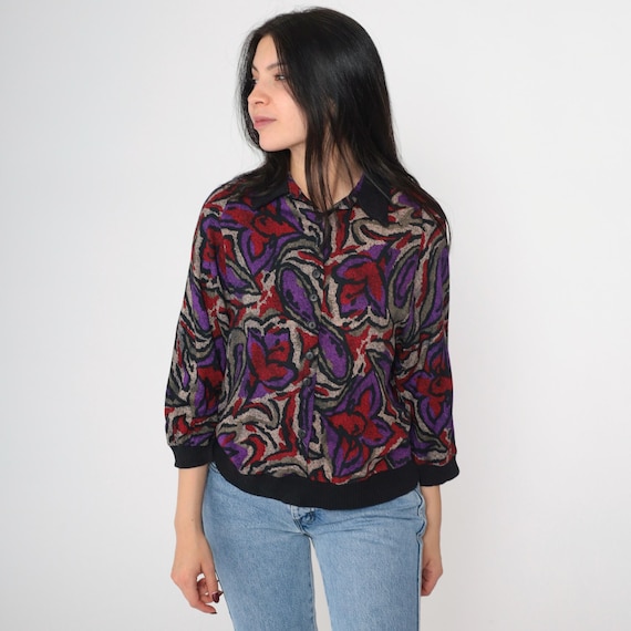 90s Floral Blouse Black Rayon Button Up Shirt Abstract Pattern Slouchy 3/4 Sleeve Collared Top Purple Red 1990s Vintage Small S
