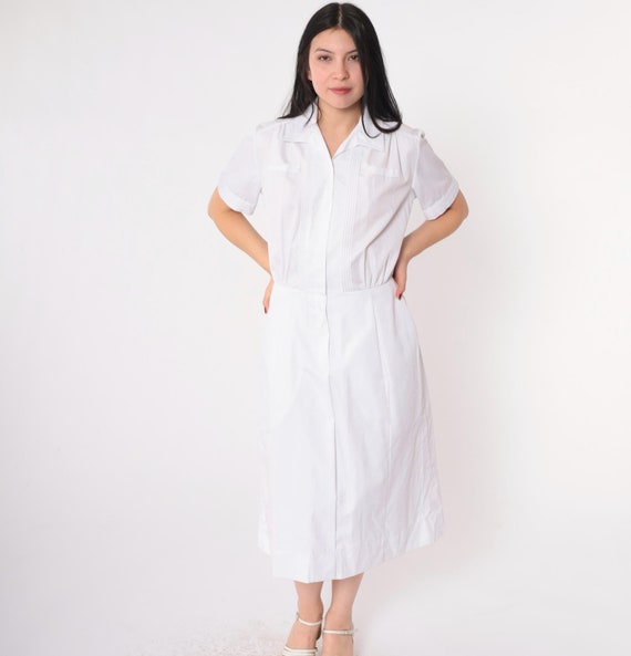 Vintage Nurse Uniform Dress 80s White Midi Dress High Waist Costume Short Sleeve 1980s Plain Retro Pockets Size Small S