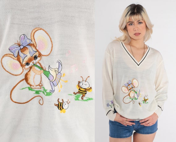 70s Mouse Sweater Bumble Bee Sweater Vintage Anim… - image 1