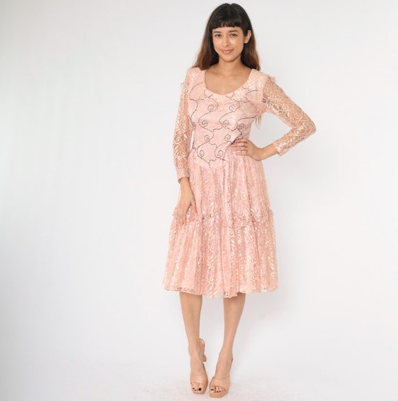 1960s Pink Lace Party Dress Medium 8 Beaded Formal Vintage Long Sleeve Drop Waist Fit and Flare Sheer Floral Beadwork Evening Midi