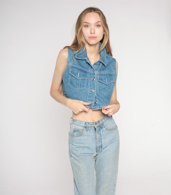 90s Cropped Denim Vest Blue Jean Crop Top Sleevel… - image 4