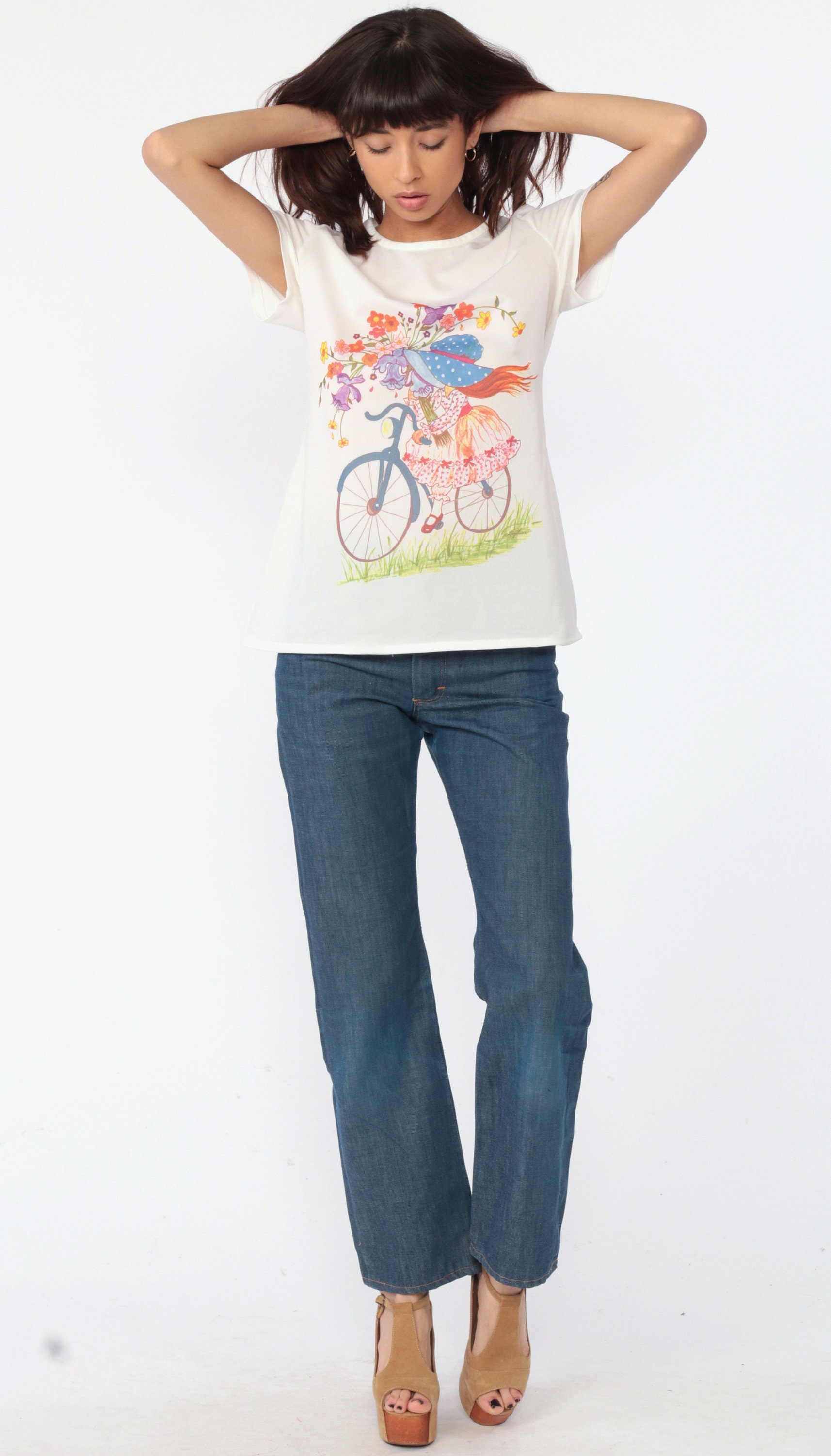 Precious Moments Style Shirt 70s Flower Girl Bicycle Shirt Graphic 