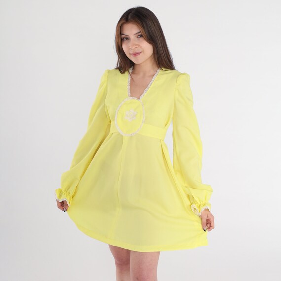 Yellow Babydoll Dress 70s Mod Mini Dress Lace Trim Long Puff Sleeve Floral Empire Waist Party Minidress Retro Darling Vintage 1970s Small S