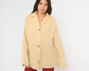 70s Beige Wool Cardigan Hand Knit Basketweave Sweater Collared Button Front Patch Pockets Cream Chunky Boxy Grandpa Women Medium M
