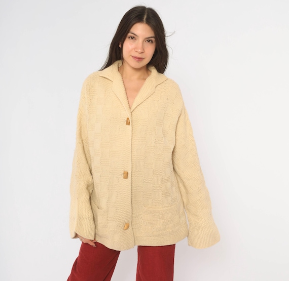70s Beige Wool Cardigan Hand Knit Basketweave Sweater Collared Button Front Patch Pockets Cream Chunky Boxy Grandpa Women Medium M