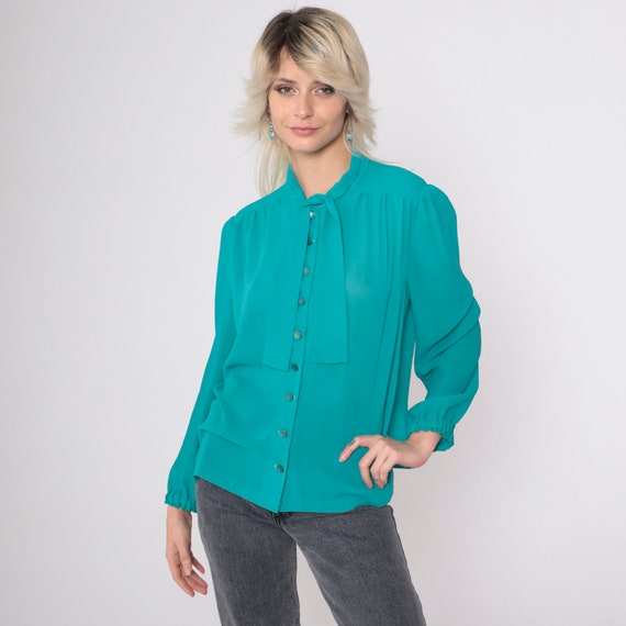 Teal Chiffon Blouse 80s Semi-Sheer Green Puff Sleeve Top Ascot Top Neck Tie Secretary Vintage 1980s Long Sleeve Shirt Button Up Large
