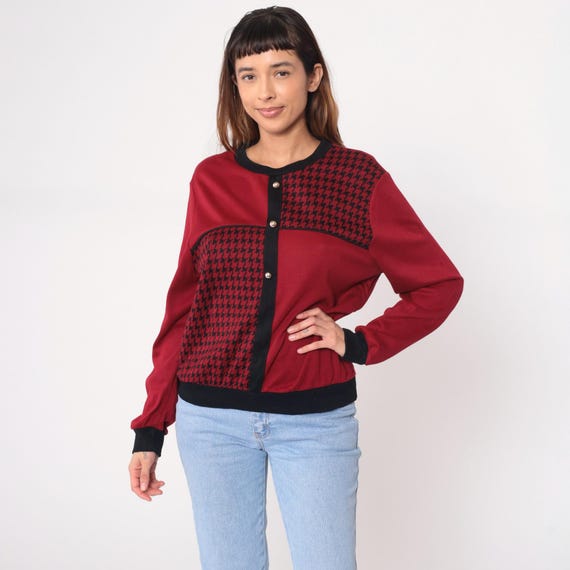 90s Burgundy Houndstooth Cardigan Button Front Black Trim Color Block Red Wine Pattern Vintage Sweater Preppy Academic Style Knit Medium M