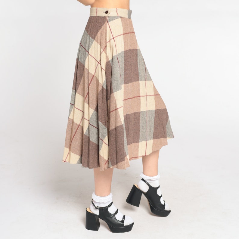 Plaid Midi Skirt 70s Wool Blend School Girl Skirt Tan Checkered Tartan High Waisted Preppy Uniform Brown Retro Vintage 1970s Small S 27 image 7