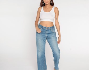 80s Wide Leg Jeans Gauchos Brand Light Wash High Rise Cropped Ankle Length Denim Vintage Straight Flared Gaucho Style Pants 32 x 28 Medium M