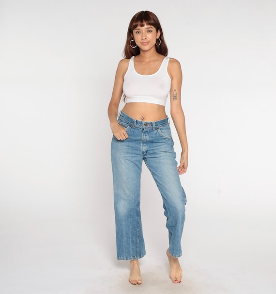 80s Wide Leg Jeans Gauchos Brand Light Wash High Rise Cropped Ankle Length Denim Vintage Straight Flared Gaucho Style Pants 32 x 28 Medium M