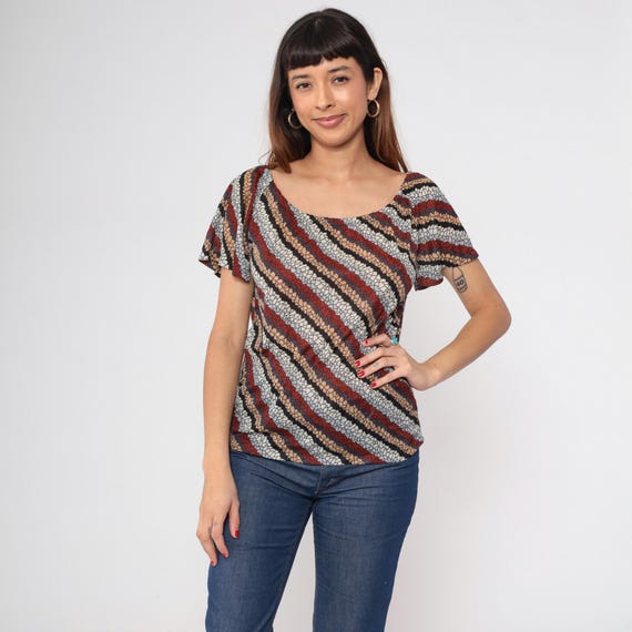 70s Striped Flutter Sleeve Blouse Earth Tone Top Vintage Bohemian Shirt Retro Short Sleeve 1970s Boho Hippie Tan Blue Rust Red Medium