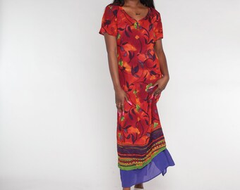 Boho Floral Dress 90s Midi Dress Red Purple Layered Flower Print Summer Day Dress Retro Hippie Sundress Short Sleeve Vintage 1990s Medium 10