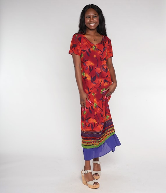 Boho Floral Dress 90s Midi Dress Red Purple Layered Flower Print Summer Day Dress Retro Hippie Sundress Short Sleeve Vintage 1990s Medium 10