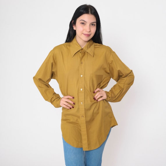 Mustard Brown Shirt 70s Disco Shirt Button up Collared Top Long Sleeve Chest Pocket Preppy Retro Plain Basic Disco Vintage 1970s Mens Large
