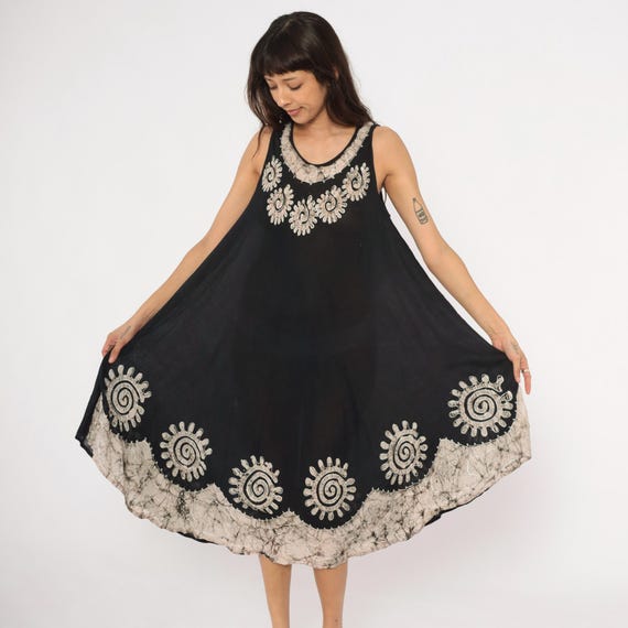 Black Hippie Sundress Y2K Spiral Batik Black Cream Sleeveless Trapeze Swing Tent Tank Summer Festival Bohemian Embroidered Beach Coverup