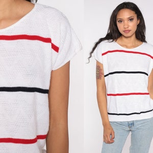 Chemise en tricot des années 80 Chemise en tricot rayé blanc Rouge Pull noir Top 80s Nerd Geek Rétro vintage Manches courtes Boho Preppy Chemise en tricot Grand L