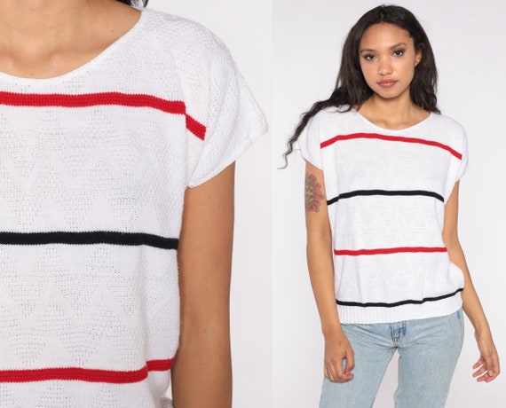 80s Knit Shirt White Striped Knit Shirt Red Black Sweater Top 80s Nerd Geek Retro Vintage Short Sleeve Boho Preppy Knit Shirt Large L