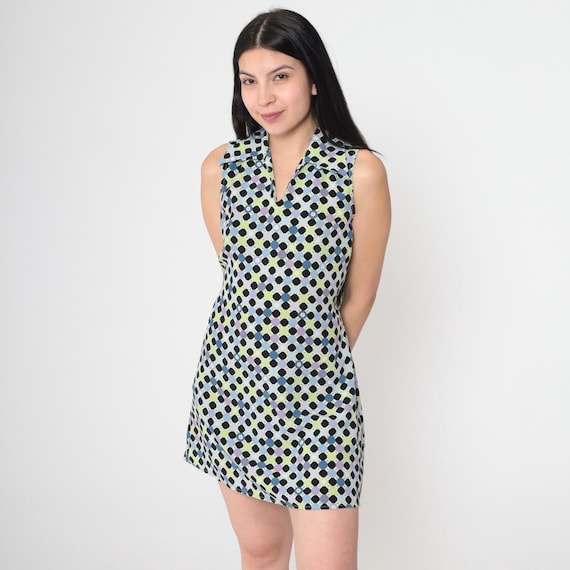 90s Geometric Mini Dress Vintage Polka Dot Sleeveless Collared Green Blue Purple Tie Back 1990s Retro V Neck Floral Multicolor Small S