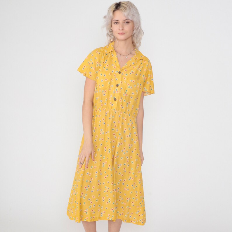 80s Day Dress Yellow Midi Dress Abstract Dot Print Button up Shirtwaist Short Sleeve Collared V Neck Retro Vintage 1980s Avon Extra Large xl image 3