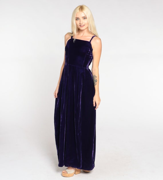 Vintage Dark Purple Velvet Gown 70s Maxi Dress Sleeveless Party Dress Bohemian Glam Formal Retro Long Dress Cocktail 1970s Extra Small xs