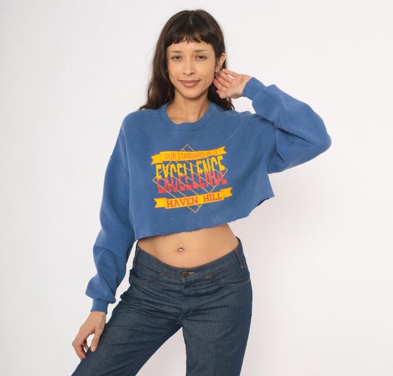 Cropped Sweatshirt 90s Haven Hill Cut Off Cobalt Blue Collegiate Pullover Boxy Crop Top Cotton Fleece Vintage Sporty Royal Extra Large XL