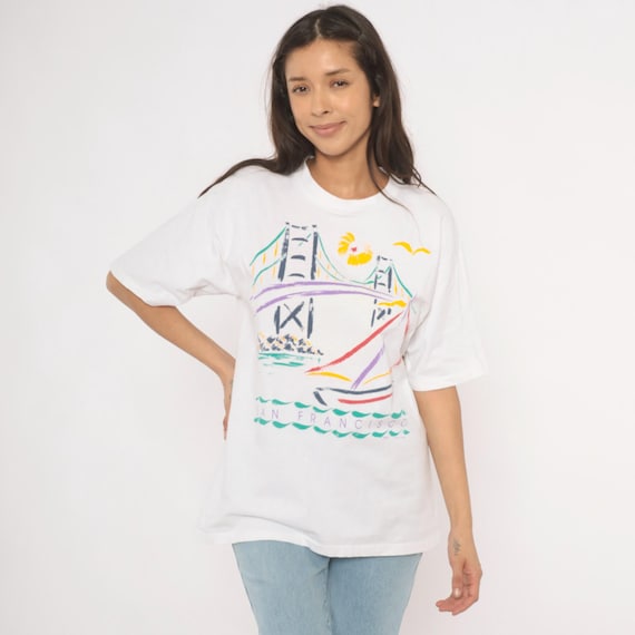 San Francisco Golden Gate Souvenir Tee Cotton Graphic Print Crew Neck Short Sleeve Tourist Shirt Ivory Off White Unisex Relaxed Fit Large L