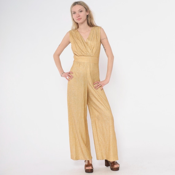 70s Gold Metallic Jumpsuit Sleeveless V Neck Wrap Front Wide Leg Disco Studio 54 Style Sparkly Party Evening Club Vintage Small S