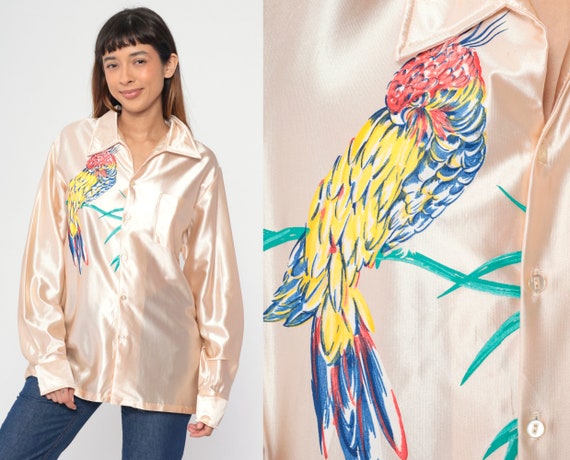 70s Parrot Bird Shirt Shiny Peach Button up Disco Shirt Tropical Novelty Print Long Sleeve Nature Animal Collared Vintage 1970s Men's Large