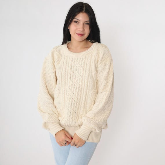 Vintage Cable Knit Sweater 90s Cream American Eagle Outfitters Pullover Chunky Sweater Retro Plain Diamond Crewneck 1990s Extra Large xl