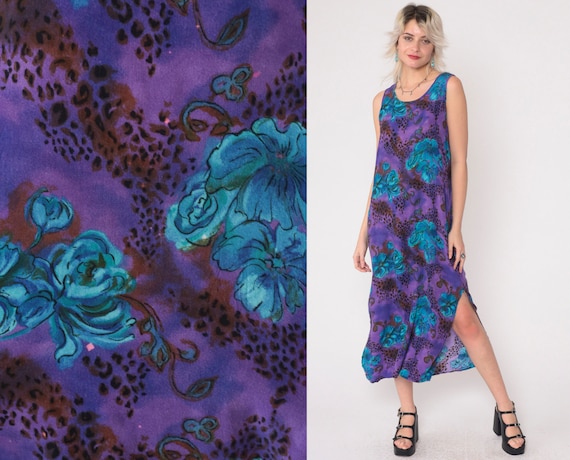 90s Floral Dress Purple Leopard Print Slit Midi Sleeveless Summer Beach Dress Sundress Blue Flower Print Scoop Neck 1990s Rayon Small s