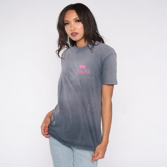 90s Gecko Hawaii Surf Tee Vintage Gray Neon Beach Aesthetic Lizard Graphic Distressed Island Style Tropical Tourist Souvenir Grunge Large L