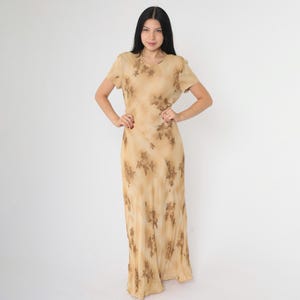 Bias Cut Floral Maxi Dress Vintage 90s Tan Day Dress Short Sleeve Summer Dress Tonal Brown 1990s Grunge Round Neck Retro Medium M