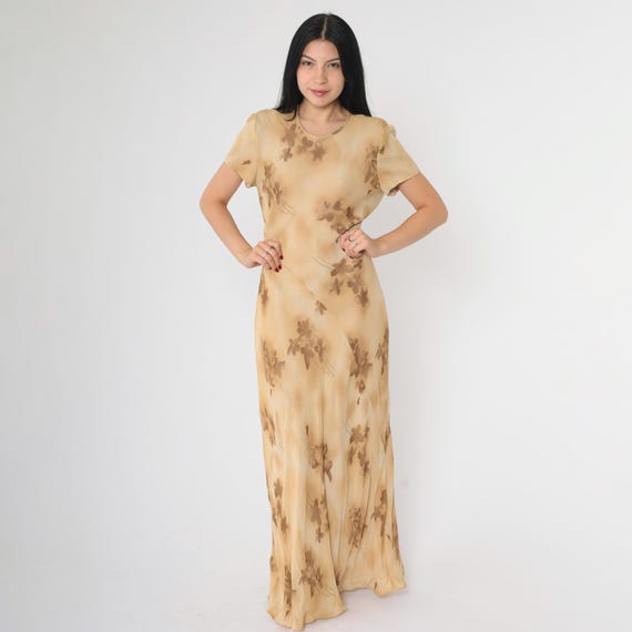 Bias Cut Floral Maxi Dress Vintage 90s Tan Day Dress Short Sleeve Summer Dress Tonal Brown 1990s Grunge Round Neck Retro Medium M