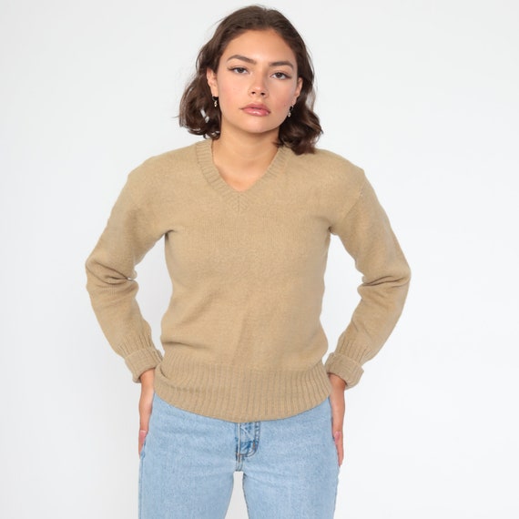 V Neck Sweater WOOL Sweater Tan Camel Sweater 80s Pullover Slouchy Plain Knit Vintage 1980s Preppy Jumper Extra Small xs