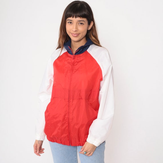 90s Windbreaker -- Red White Pullover Jacket Full Zip Color Block Raglan Sleeve Athletic Sportswear Navy Blue Collar Vintage 1990s Large L