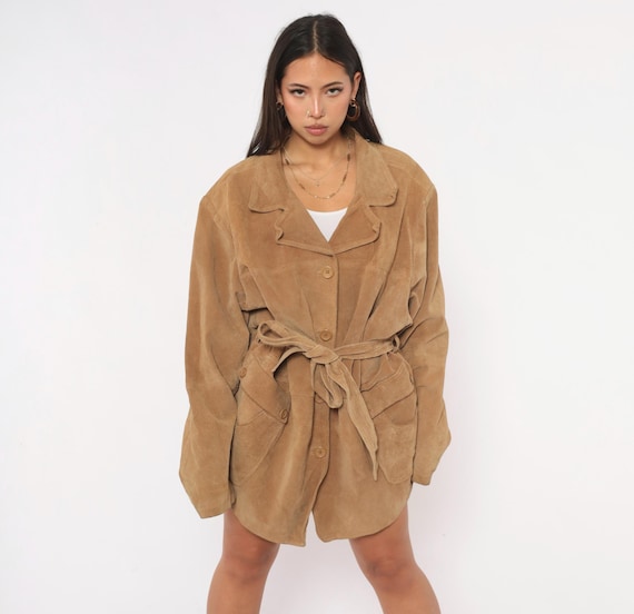 Tan Suede Leather Jacket Y2K Concepts Belted Tie Waist Button Front Notched Collar Camel Patch Pocket Coat Fall Autumn Womens Plus Size 3X