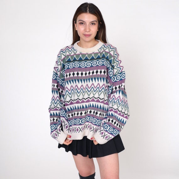Y2K Geometric Sweater White Zig Zag Striped Pullover Sweater Jacquard Print Ramie Cotton Slouchy Statement Knit 00s Vintage Extra Large xl