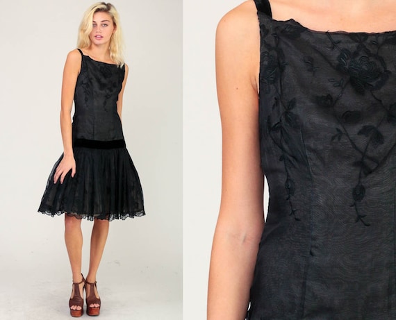 50s Party Dress Prom BOW Dress Cocktail Black Party Formal Prom 1950s Mad Men Midi Evening Drop Waist Vintage Betty Carol Small