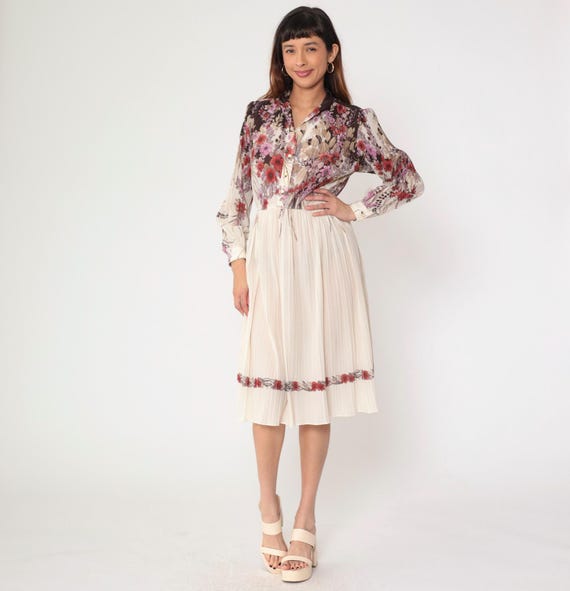 Vintage 70s Off-White Floral Dress Midi Dress Semi-Sheer Knife Pleated High Waist Button Up Shirtdress Long Sleeve 1970s Small Medium