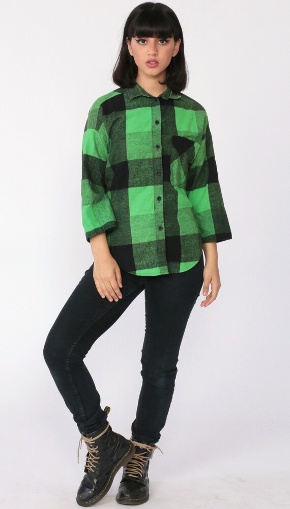 Green Plaid Shirt 80s Grunge Flannel Button Down 1980s Vintage Long Sleeve Lumberjack Checkered Retro Extra Small xs