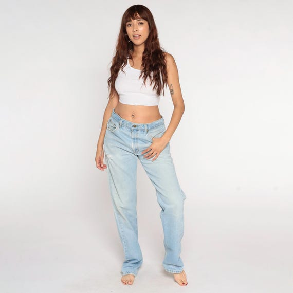 Vintage 90s Carhartt Jeans Ripped Light Wash Jeans High Waisted Straight Leg Denim Pants Workwear Blue Work Wear Men's 33 x 36 Medium Tall