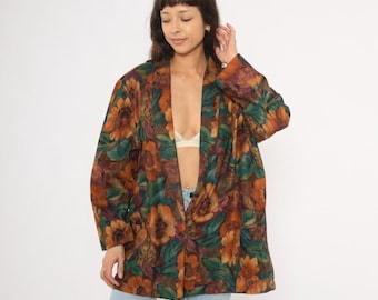 Blazer floral acuarela de los 90, color ámbar, verde azulado, ciruela, chaqueta con estampado pictórico, cuello chal, corte relajado, otoño, hojas, botánico, vintage, talla XL