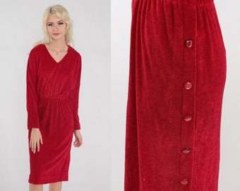 Red Terrycloth Dress 70s Midi Dress Long Sleeve Button Side V Neck High Waisted Day Retro Terry Cloth Knee Length Vintage 1970s Small Medium