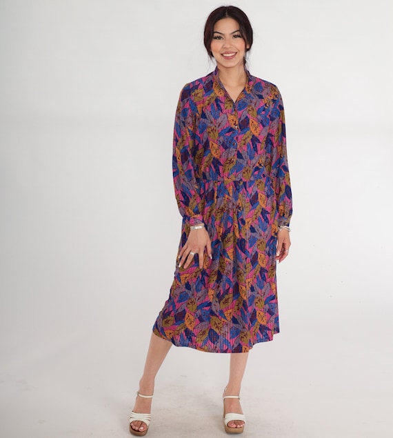 Leaf Print Dress 90s Midi Button up Shirtwaist Dress Pink Blue Green Retro Collared Long Sleeve Secretary Dress Day Vintage 1990s Medium