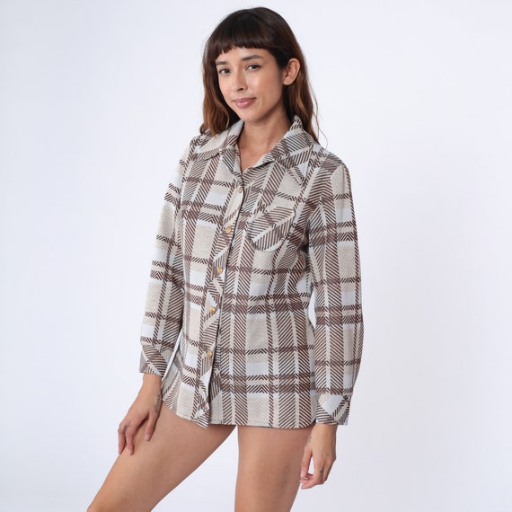 70s Checkered Shirt Brown Button Up Shirt Dagger Collar Blouse Preppy Disco Plaid Collared 1970s Top Long Sleeve Vintage Medium Large