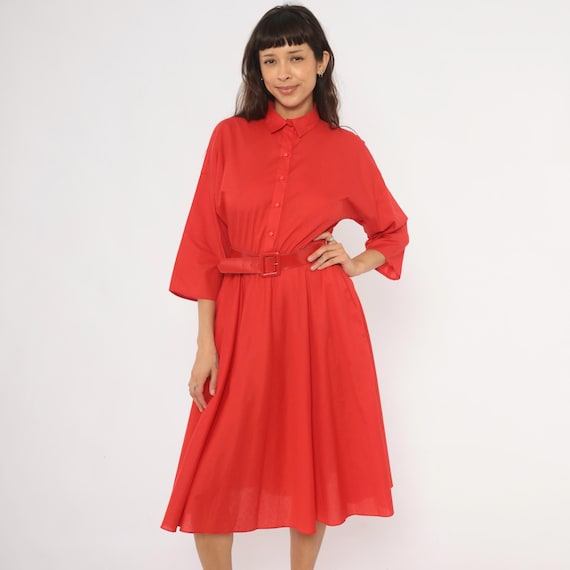 80s Red Shirt Dress Button Front Belted Waist Cotton Collar Midi Scarlet Swing Skirt Cherry Frock Side Pocket Crimson Vintage Medium M