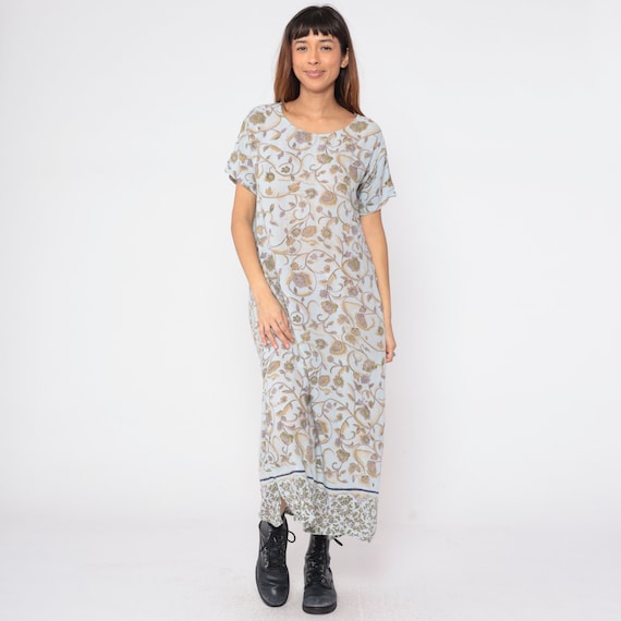 Indian Floral Dress Y2K Midi Dress Boho Sundress Summer Day Dress Loose Relaxed Light Blue Flower Print Short Sleeve Vintage 00s Small S
