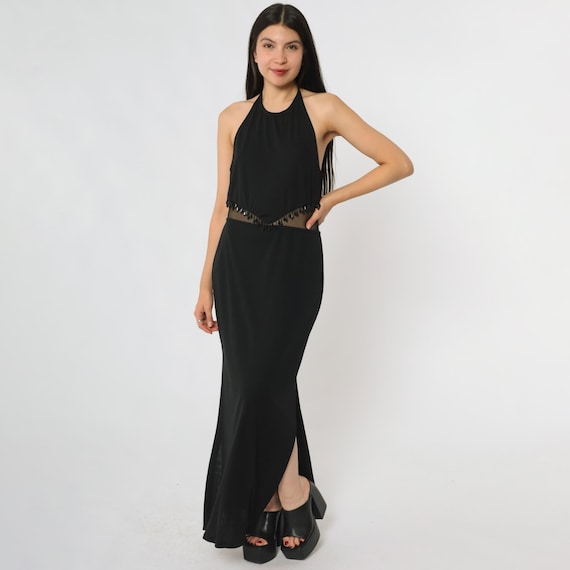 Evening Gown Dress 90s Black Halter Neck Sheer Panel Fringe Trim Maxi Length Party Dress Cocktail Glamour Vintage Large L