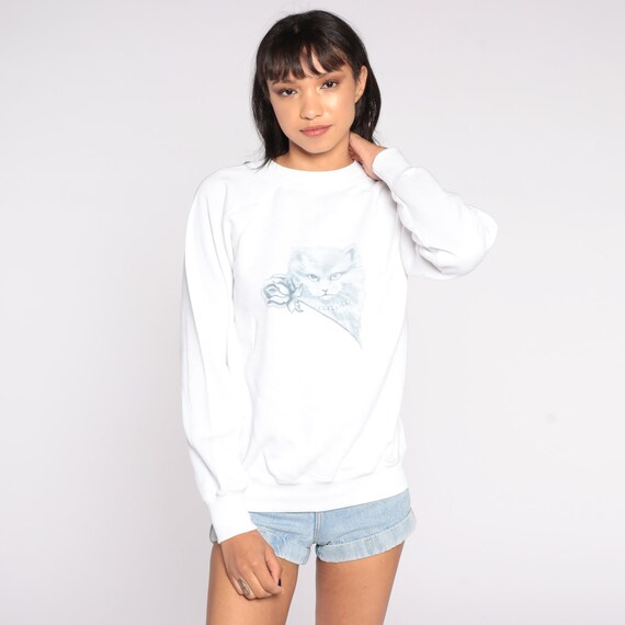 Cat Sweatshirt Rose Kitten Sweater 80s Animal Sweatshirt Vintage 90s Graphic Retro White Novelty Print Medium