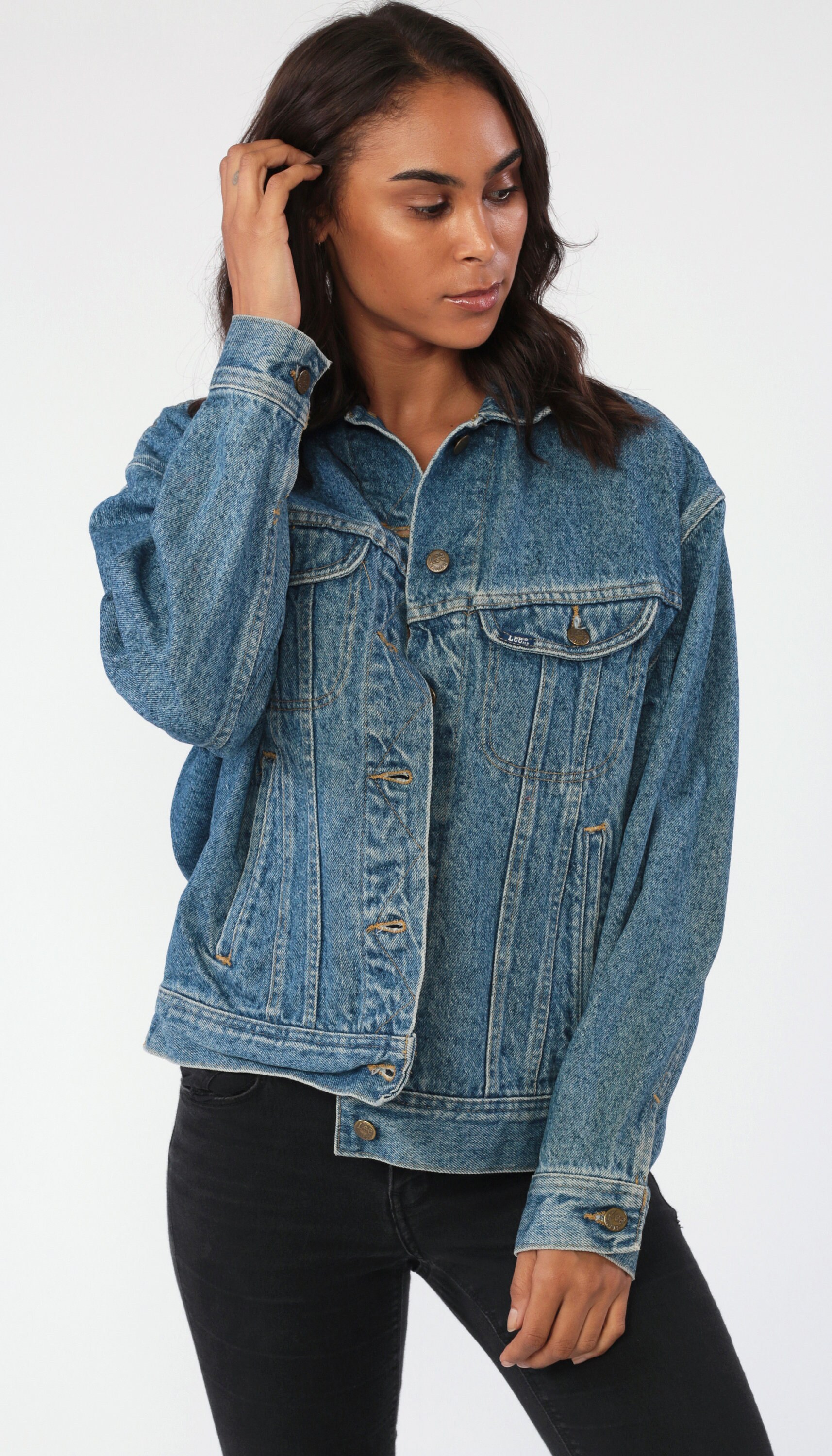 LEE Denim Jacket 80s Jean Jacket Blue Stone Wash Oversize Trucker 1980s Vintage Biker Oversized 